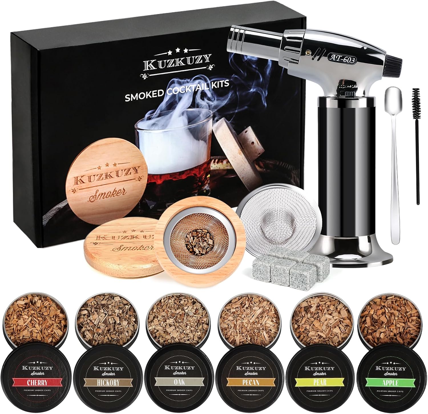 Kuzkuzy cocktail smoker kit with triple-flame torch, six wood-chip flavors, and whiskey stones